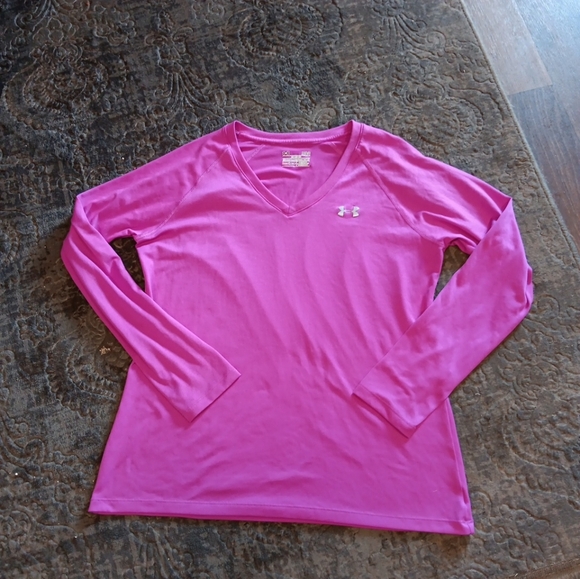 UNDER ARMOUR Heat Gear V-Neck Pink Activewear Pullover Shirt Women's Size Large - Picture 3 of 5